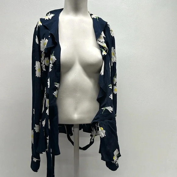 Ganni Blouse Wrap Top Long Sleeve Shirt V-Neck Floral Daisy Navy Blue Size US XS - Picture 7 of 13